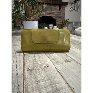 Hobo International Lauren Leather Clutch Wallet Lime Green Kiss Lock Paisley